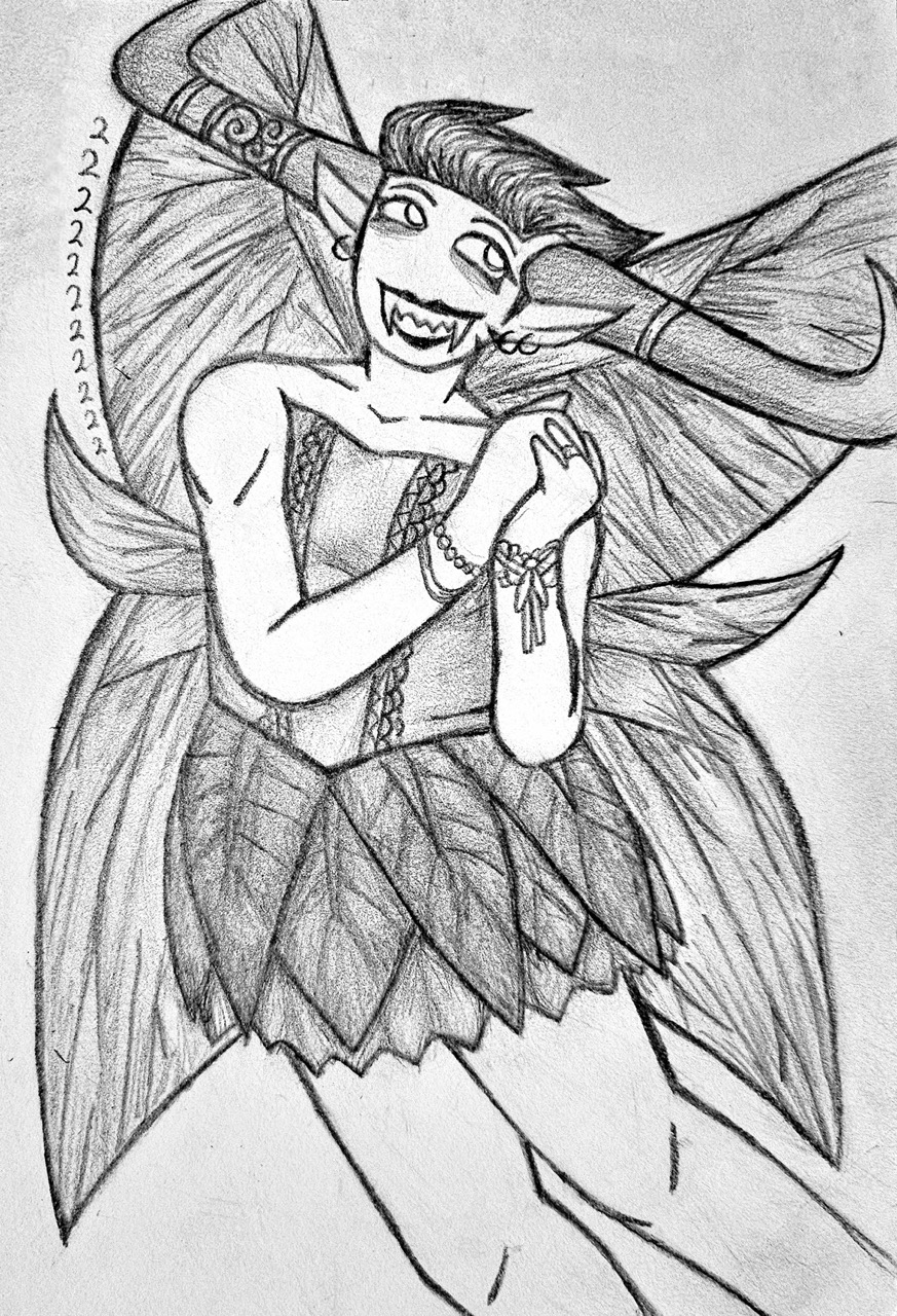 A traditional drawing of transfeminine Tavros, who is dressed up as Tinkerbell.